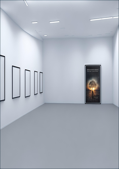 L’immagine mostra una sala espositiva luminosa e minimalista con pareti bianche e illuminazione a soffitto. Lungo una parete sono appese alcune cornici, mentre sul fondo della stanza si trova un grande pannello illustrativo con l’immagine di un albero illuminato dal sole. L’ambiente richiama lo spazio di una galleria o di una mostra e suggerisce l’idea di un percorso culturale costruito attraverso immagini e contenuti espositivi.