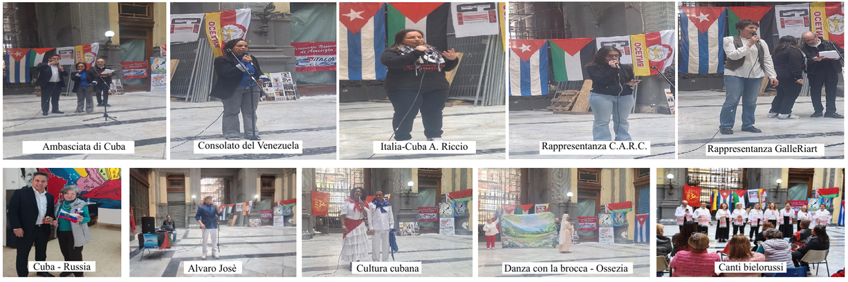 L’immagine è composta da una serie di fotografie che documentano diversi momenti della seconda edizione dell’Internazionale per la Pace, dedicata a Cuba. Le immagini mostrano interventi di rappresentanti istituzionali e culturali, tra cui l’Ambasciata di Cuba, il Consolato del Venezuela e associazioni culturali coinvolte nell’iniziativa. Sono presenti momenti di dialogo pubblico, testimonianze, musica e rappresentazioni artistiche, tra cui una danza tradizionale osseta e canti della tradizione bielorussa. L’insieme delle fotografie restituisce l’atmosfera dell’incontro, caratterizzato da partecipazione, scambio culturale e solidarietà tra popoli.