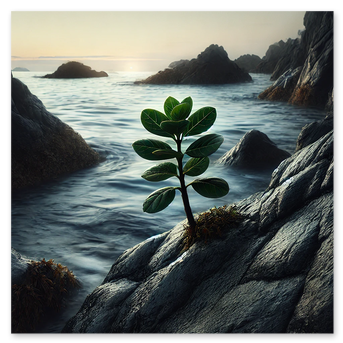 L’immagine mostra una piccola pianta verde che cresce tra le rocce vicino al mare. Le onde si muovono lentamente tra gli scogli mentre la luce del tramonto illumina il paesaggio. La scena suggerisce l’idea di resistenza e di vita che trova spazio anche in condizioni difficili. Nel contesto della mostra, l’immagine accompagna il pannello dedicato al popolo ospite, uno spazio pensato per permettere a ogni realtà culturale invitata di presentare direttamente la propria esperienza storica e la propria voce. In questa edizione del progetto il pannello è dedicato a Cuba.