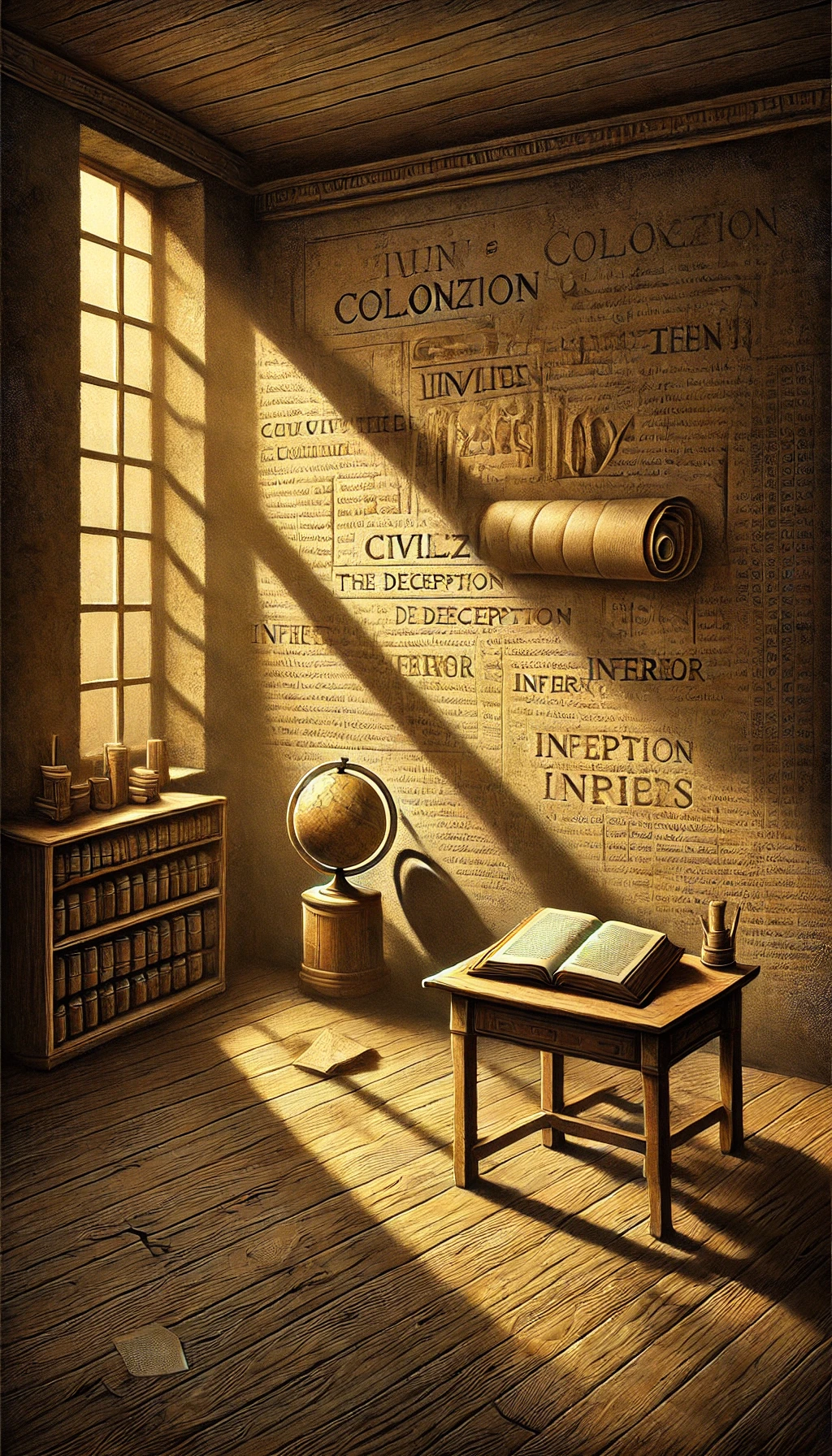 L’immagine rappresenta uno studio illuminato dalla luce del sole che entra da una finestra. Sul tavolo si trovano libri antichi, pergamene e strumenti di studio. Sulle pareti compaiono parole e riferimenti alla civiltà e alla missione civilizzatrice. L’insieme richiama l’epoca delle prime esplorazioni europee e delle narrazioni che accompagnarono l’inizio dell’espansione coloniale.
