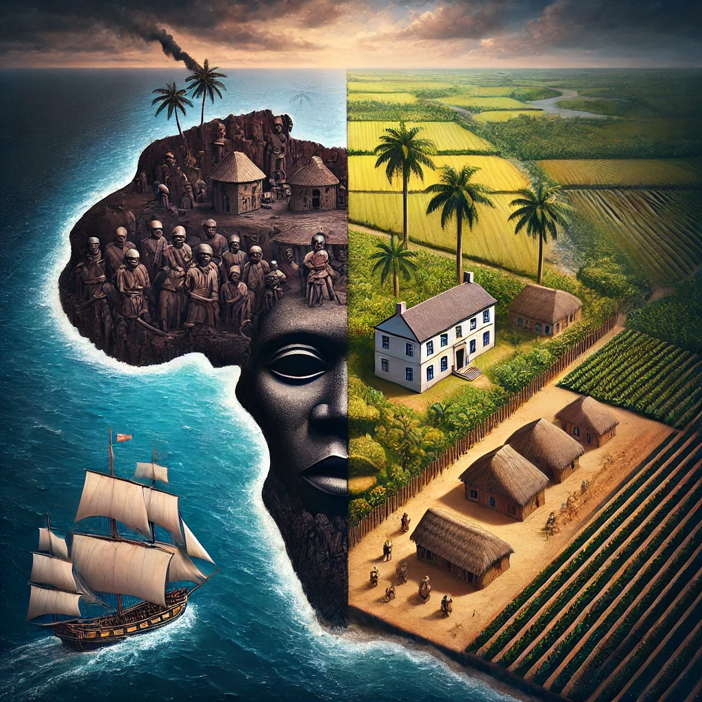 L’immagine mostra una composizione simbolica che unisce diversi elementi della tratta atlantica degli schiavi. Da un lato compaiono una nave europea e l’oceano, dall’altro una piantagione con campi coltivati e abitazioni coloniali. Al centro emerge il volto di una figura umana che richiama la presenza africana. L’immagine rappresenta il sistema economico e umano della tratta degli schiavi e il trasferimento forzato di milioni di persone dall’Africa alle colonie.