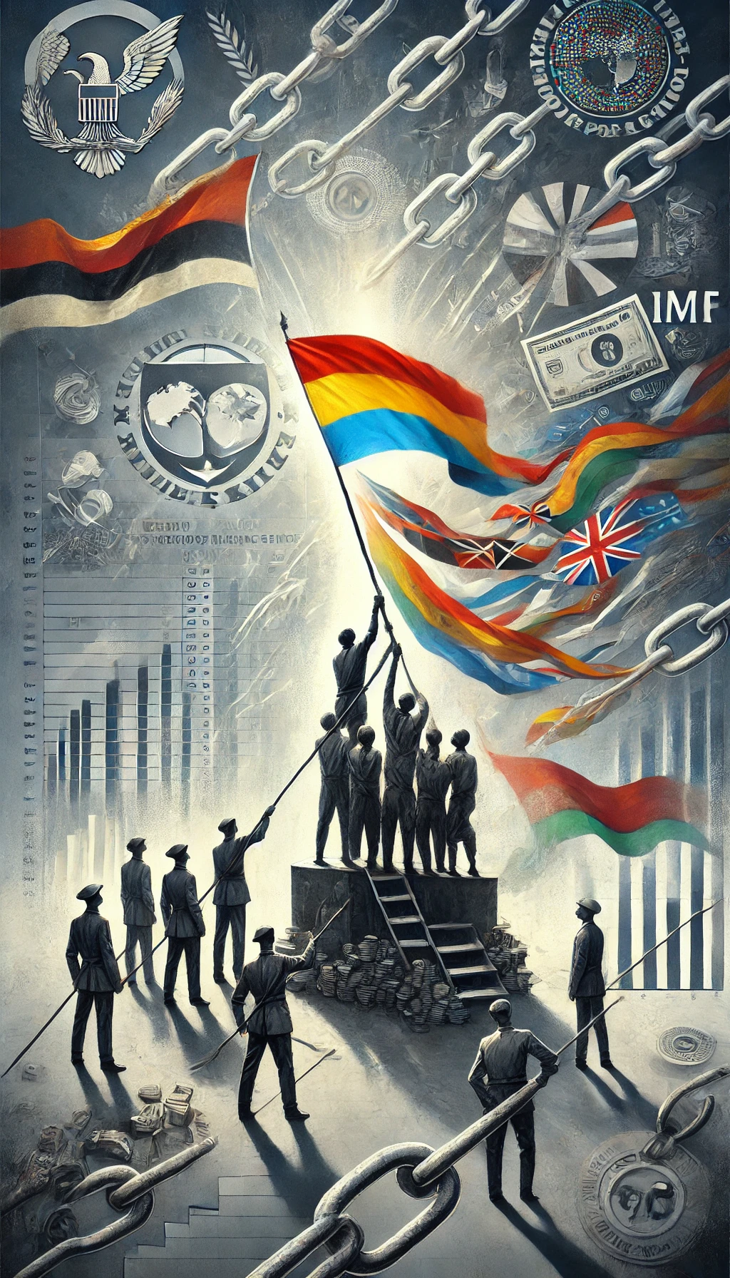 L’immagine raffigura un gruppo di persone che solleva bandiere nazionali di diversi paesi, simbolo dei movimenti di indipendenza del Novecento. Sullo sfondo compaiono elementi grafici legati all’economia e alla politica internazionale. La composizione richiama il processo di decolonizzazione e la nascita di nuovi stati indipendenti dopo la fine dei sistemi coloniali.