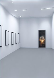 L’immagine mostra una sala espositiva luminosa e minimalista con pareti bianche e illuminazione a soffitto. Lungo una parete sono appese alcune cornici, mentre sul fondo della stanza si trova un grande pannello illustrativo con l’immagine di un albero illuminato dal sole. L’ambiente richiama lo spazio di una galleria o di una mostra e suggerisce l’idea di un percorso culturale costruito attraverso immagini e contenuti espositivi.