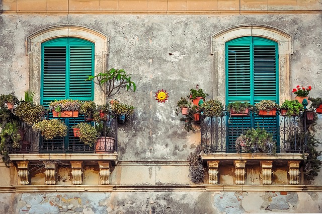 L’immagine mostra la facciata di un edificio con due finestre verdi affacciate su piccoli balconi decorati con piante e fiori. L’architettura richiama le case tradizionali dei centri storici cubani. La scena rappresenta la vita quotidiana e il paesaggio urbano di Cuba oggi.