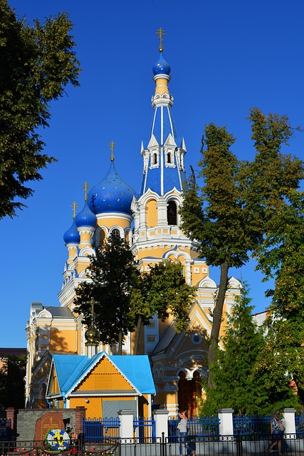 L’immagine mostra una chiesa ortodossa caratterizzata da cupole blu decorate con elementi dorati, che si innalzano verso il cielo tra alberi verdi. L’architettura richiama la tradizione religiosa e culturale dell’Europa orientale. Nel contesto della sezione “Gli incontri”, l’immagine rappresenta simbolicamente l’incontro dedicato alla Bielorussia e il dialogo culturale tra popoli diversi promosso dal progetto.