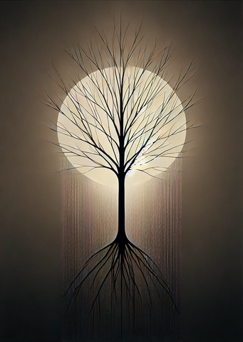 L’immagine mostra un albero stilizzato con rami sottili che si estendono verso l’alto e radici visibili che si sviluppano verso il basso. Sullo sfondo è presente un grande sole luminoso che illumina la figura dell’albero. Il contrasto tra luce e silhouette crea un’atmosfera di profondità. Nel contesto del saggio Le Ombre dell’Occidente, l’immagine richiama il rapporto tra radici storiche e sviluppo nel tempo.