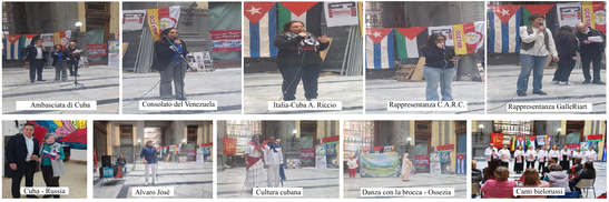 L’immagine è composta da una serie di fotografie che documentano diversi momenti della seconda edizione dell’Internazionale per la Pace, dedicata a Cuba. Le immagini mostrano interventi di rappresentanti istituzionali e culturali, tra cui l’Ambasciata di Cuba, il Consolato del Venezuela e associazioni culturali coinvolte nell’iniziativa. Sono presenti momenti di dialogo pubblico, testimonianze, musica e rappresentazioni artistiche, tra cui una danza tradizionale osseta e canti della tradizione bielorussa. L’insieme delle fotografie restituisce l’atmosfera dell’incontro, caratterizzato da partecipazione, scambio culturale e solidarietà tra popoli.